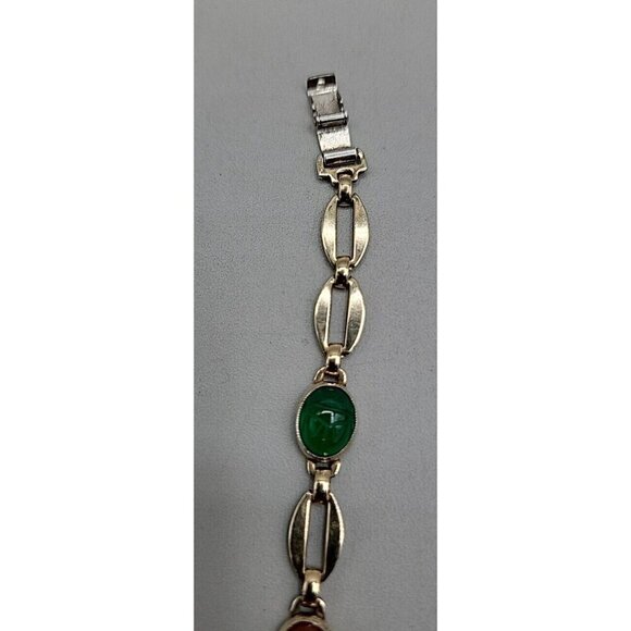 14k W. E. Richards Co. Symmetalic Sterling & Scarab Bracelet 6" Gemstones 1940s - Picture 12 of 15